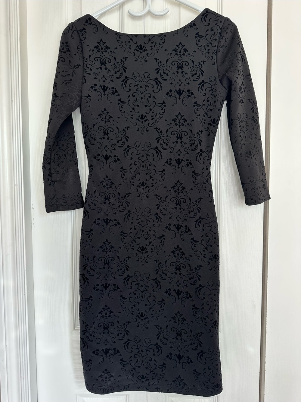 le chateau Black Flocked Damask Sheath Dress